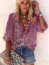 Недорогие Цветочные блузки-Жен. Рубашка С принтом Омбре Цветочный принт Графика Богемия Винтаж Повседневные Рукав 3/4 V-образный вырез Обычные топы Повседневные Праздники Одежда для пляжа