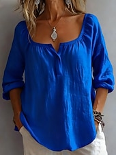 ieftine Cămăși-Pentru femei Cămașă Bluză In din bumbac artificial Zdrobit Culoare solidă Zilnic Stilat Casual Manșon Lung Pătrat Topuri obișnuite Zilnic Albastru piscină Galben Roz Îmbujorat Albastru celest Var