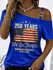  T-shirt Femme Patriote Journée de l'Indépendance Anniversaire Américain Imprimé Graphique Drapeau Américain Vintage Fashion Élégant À Manches Courtes Une Épaule Hauts Quotidiens