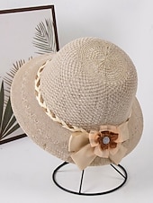 levne Dámské klobouky-Dámský skládací bohémský slaměný klobouk proti slunci – lehká prodyšná polyesterová plážová čepice s květinovou mašlí, více barev pro letní dovolenou, běžné nošení i cestování