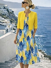 cheap Floral Dress-Women's Dress Set A Line Dress Elegant Vacation Floral Graphic Layered Print Midi Dress Half Sleeve Crew Neck Daily Yellow Pink Gray Summer Spring Regular Fit