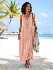 Χαμηλού Κόστους Φορέματα-Φόρεμα Maxi από Λευκό Λινό Σατέν με Λάδι Σατράπεζα Φόρεμα Καλοκαίρι Καθημερινό Εξωτερικό Κανονική Εφαρμογή Μονοχρωμία Χωρίς Μανίκι V Λαιμό Μπλε Καλοκαίρι Άνοιξη