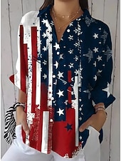 preiswerte Unabhängigkeitstag Top-Amerikanischer Unabhängigkeitstag Damen Hemd Gerafft Blumen Grafik Flagge Vintage Stilvoll Langarm Flattrige Ärmel Glockenärmel Hemdkragen Normale Oberteile Täglich Arbeit Ferien Blau Schwarz Rot