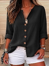 abordables Camisas de Lujo-Blusa de mujer 100% algodón con botones, color liso, para uso diario informal, manga 3/4, cuello en V, tops regulares, para uso diario, negro, blanco, rojo, naranja, verde, verano, primavera, otoño