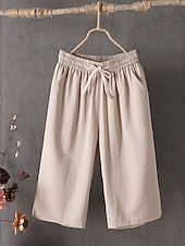 cheap Wide Leg &amp; High Waisted-Women's Cotton Capri Pants Casual Pants Summer Shorts Vacation Fashion Streetwear Calf-Length High Waist Plain Drawstring Pocket Elastic Waist Comfort Comfortable Inelastic Daily Vacation Street