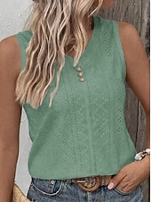 cheap Plain tee-Women's Tee Eyelet top Buttons Solid Color Elegant Vintage Stylish Sleeveless V Neck Regular Tops Daily Going out Vacation Wear Black White Yellow Dusty Rose Sky Blue Summer Spring