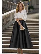 cheap Cocktail Dresses-Two Piece Tea Length Cocktail Dresses Party Dresses Elegant Color Block Long Sleeve V Neck Wedding Party Wear Satin with Pleats