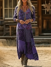 billiga Etnisk Boho Klänning-Dam Maxiklänning Boho-klänning Vintage klänning Vardagsklänning Vintage Dagligen Utomhus Semester Normal Blommig Långärmad V-hals Svart Armégrön Marinblå Purpur Vår Höst