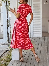 preiswerte Streifen- und geometrische Kleider-Damen Midikleid A Linie Kleid Urlaub Lässig Outdoor Ausgehen Normale Passform Tupfen Kurzarm Umlegekragen Blau Marineblau Weiß Rosa Sommer Frühling