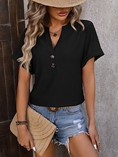 preiswerte Einfarbiges T-Shirt-Damen T Shirt T-Shirt Knöpfe Einfach Mode Stilvoll Klassisch Kurzarm V Ausschnitt Normale Oberteile Täglich Ausgehen Wochenende Blau Schwarz Purpur Fuchsie Grün Sommer Frühling