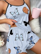 voordelige Slaaptops en -broeken voor dames-Dames Pyjamaset Casual Comfortabel Vlinder Elastische taille Korte broek Dagelijks Huis Mouwloos Strakke ronde hals blauw Blozend Roze Beige Zomer Lente Normale pasvorm