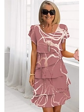 billiga Chiffongklänningar-Dam Midiklänning Sommarklänning Klänning med tryck Elegant Dagligen Normal Blommig Geometrisk Kortärmad Rund hals Ljusgul Ljusrosa Ljusrosa Dammig ros Sommar