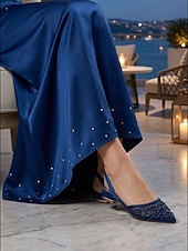 tanie Kobiety-damskie granatowe, siateczkowe, płaskie buty typu slingback, zdobione perłami, ze spiczastym noskiem, dla druhen na wesela w ogrodzie