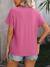 preiswerte Einfarbiges T-Shirt-Damen T Shirt T-Shirt Knöpfe Einfach Mode Stilvoll Klassisch Kurzarm V Ausschnitt Normale Oberteile Täglich Ausgehen Wochenende Blau Schwarz Purpur Fuchsie Grün Sommer Frühling