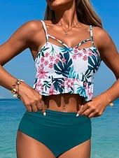 levne Sady bikin-Dámské Plavky Bikiny 2 ks Vysoký pas Plavky Vysoký pas Štíhlý Volná záda prázdniny Oblečení na pláž Tropický vzhled Do V Bez rukávů Plavky