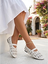 economico Ballerine da donna-ballerine Mary Jane bianche tagliate al laser da donna - scarpe da ballo traspiranti con cinturino e fibbia per resort all'aperto, vacanze tropicali &amp;viaggio estivo