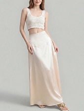 billiga Formella kjolar-Dam Satinkjolar Mode Blank Maxi Hög midja Kjolar Slät Microelastisk Fest Cocktailfest Aprikos Vår Polyester