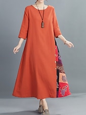 abordables Robes-Robe maxi en lin pour femme faux coton robe décontractée coupe ample graphique floral manches 3/4 col rond noir jaune rouge violet été printemps