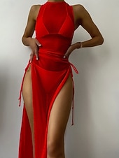 رخيصةأون طقم بيكيني مكون من 3 قطع-نسائي ملابس السباحة ثلاث قطع ملابس السباحة مكشكش بدون ظهر العطلة ملابس الشاطئ سهل الرقبة الرسن بدون كم بدلة سباحة