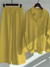 preiswerte Sets-Damen Baumwoll-Leinen Hosen Sets Bolero Oberteil Langarm Hemd Kragen Einfarbig Mode Streetwear Lässig Alltag Draußen Blau Schwarz Weiß Sommer Lockerer Schnitt