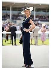 cheap Mom's Jumpsuits-Jumpsuit Pantsuit Ankle Length Derby Dress Mother of the Bride Dress Sleeveless V Neck Elegant Kentucky Derby Stretch Fabric with Ruffles Tier Ruching