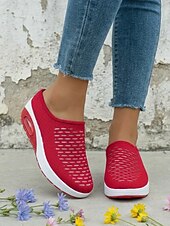 Χαμηλού Κόστους Γυναικεία Sneakers-Γυναικεία κόκκινα casual αθλητικά mules με πλατφόρμα αέρα - αναπνεύσιμο πλέγμα στο πάνω μέρος, ελαφριά και άνετα παπούτσια για περπάτημα για γυναίκες, ιδανικά για καθημερινή χρήση, ταξίδια, ψώνια,