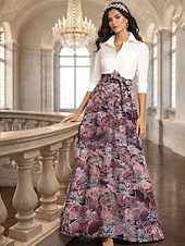 levne Délka podlahy-A-Linie Na zem Košilové šaty Šaty pro svatební hosty Formální šaty Šaty pro matku nevěsty Dlouhý rukáv Košilový límec Elegantní Vinobraní Formální Strečová látka s Mašle Barevné bloky