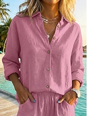 abordables Blouses Unies-Femmes Chemise Chemises en coton et lin Boutonner Chemisier Couleur Unie Basique Occasionnel manche longue Manche Évêque Col de chemise Hauts Réguliers Vacances Quotidien Patchwork Boutons Rose