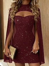 billige Paljettkjoler-Dame Mini kjole Elegant kjole Elegant Mote Moderne utendørs Feriereise Fest Løstsittende عادي Langermet Høyhalset Blå Svart Vin Rød Vår Høst