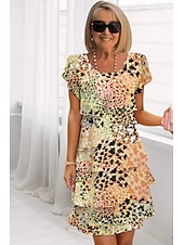 billiga Chiffongklänningar-Dam Midiklänning Sommarklänning Klänning med tryck Elegant Dagligen Normal Blommig Geometrisk Kortärmad Rund hals Ljusgul Ljusrosa Ljusrosa Dammig ros Sommar