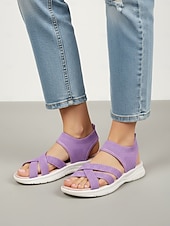 voordelige Platte Sandalen-Paarse gebreide comfortabele sandalen voor dames - lichtgewicht, ademende, sportieve en casual wandelschoenen met gekruiste bandjes, elastische en ondersteunende zool voor reizen, strand, vakantie en