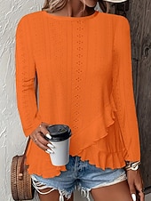 economico Bluse Semplici-Pasqua Per donna Camicia traforata Top traforato Blusa Volant Traforato Tinta unica Elegante Essenziale Casual Manica Lunga Girocollo Top Regolari Casuale Quotidiano Spiaggia Blu Bianco Giallo Vino