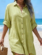 economico Vestiti-Per donna Finto cotone e lino Elegante Vintage Quotidiano Ferie Uscire Vestibilità comoda Semplice Manica Lunga Colletto a Camicia Bianco Verde Estate Primavera