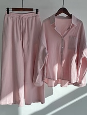 preiswerte Sets-Damen Baumwoll-Leinen Hosen Sets Bolero Oberteil Langarm Hemd Kragen Einfarbig Mode Streetwear Lässig Alltag Draußen Blau Schwarz Weiß Sommer Lockerer Schnitt