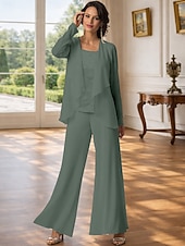 abordables Trajes de pantalón de mamá-Traje de pantalón Traje de 3 piezas Hasta el Suelo Vestido de Madrina Sin Mangas Barco de cuello Elegante Talla Grande Bolero incluido Formal Invitado a la boda Gasa con Encaje
