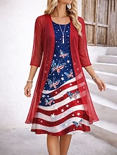 preiswerte Unabhängigkeitstag Kleid-Unabhängigkeitstag Patriotisches Damen Kleid Set A-Linien Kleid Elegant Urlaub Grafische Flagge Lagen Druck Midi Kleid Halblangarm Rundhals Alltag Blau Weiß Rot Sommer Frühling Reguläre Passform