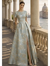  גזרת A עד הריצפה שמלות ערב שמלת נשף אלגנטית וינטאג' פרחוני שרוולים קצרים צווארון עגול קצר מסיבת חצר חתונה כיס ג'אקרד גב בדוגמת דרפה עם שסע כיס