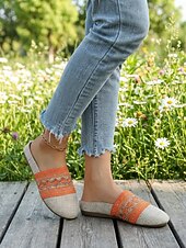 economico Zoccoli e pianelle da donna-muli ricamati bohémien arancioni da donna - slip-on etniche in tela di lino per picnic estivi, vacanze &amp;passeggiate in spiaggia