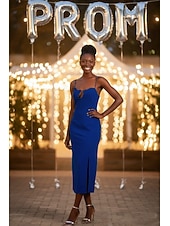 cheap Long Dresses &amp; Gowns-Sheath Column Tea Length Prom Dress Wedding Guest Dress Evening Gown Prom Dresses Elegant Sleeveless Spaghetti Strap Prom Formal Stretch Crepe Backless with Slit Solid Color