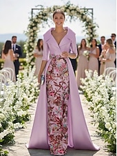 economico Lunghezza del pavimento-Linea ad A Tubino Colonna Lunghezza al pavimento Perline ricamate Abito da invitata a nozze Abito Formale Abito da cerimonia per signora Manica 3/4 Scollo a V Colletto a Camicia Elegante Vintage