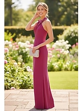 cheap Long Dresses &amp; Gowns-Sheath Column Floor Length Wedding Guest Dress Formal Dresses Evening Gown Prom Dresses Elegant Sleeveless Halter Neck Prom Formal Stretch Fabric with Embroidered Flower
