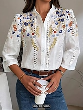 cheap Floral Blouses-Women's Blouse Embroidered Print Floral Stylish Casual Long Sleeve V Neck Mandarin Collar Regular Tops Daily Blue Red Green Summer Spring Fall