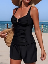 Χαμηλού Κόστους Τανκίνι-Γυναικεία Μαγιό τανκίνι 2 κομμάτι Σορτσάκια Μαγιό Έλεγχος κοιλιάς Ψηλή Μέση Λεπτό Εξώπλατο Διακοπές Ρούχα παραλίας Συμπαγές Χρώμα Λαιμόκοψη V Αμάνικο Μαγιό
