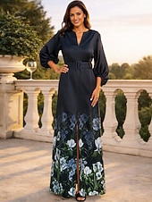  A-Line Floor Length Wedding Guest Dress Formal Dresses Evening Gown Mother of the Bride Dress Short Sleeve V Neck Elegant Vintage Wedding Formal Satin with Floral Print