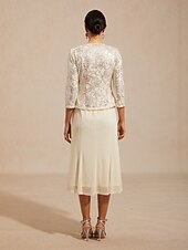 tanie Zestawy sukienkowe-Zestawy sukienek damskich, marynarka, wygodna, haftowana, z cekinami, elegancka, kwiatowa, formalna, zapinana z przodu na guziki, regularny okrągły dekolt, regularny krój, rękawy 3/4, odzież