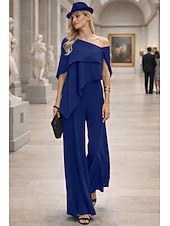 cheap Mom's Jumpsuits-Jumpsuits Floor Length Mother of the Bride Dress Short Sleeve Off Shoulder Elegant Formal Wedding Guest Wedding Party Chiffon with Ruffles