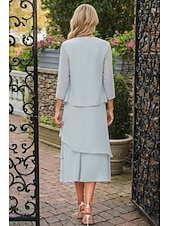 economico Set di abiti per la mamma-Tubino Colonna Lunghezza Tè Abito da invitata a nozze Abito da cerimonia per signora Manica 3/4 Collo gioiello Elegante Ospite di nozze Chiffon Con Stola con Arricciatura