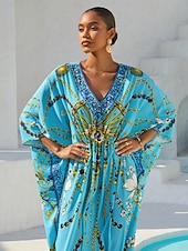 economico abito casual stampato-caftano da vacanza in chiffon con gioielli vintage