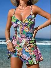 Χαμηλού Κόστους Τανκίνι-Γυναικεία Μαγιό Ενα κομμάτι Φούστα Μαγιό Κομψό Διακοπές Φλοράλ Γραφική Λαιμόκοψη V Αμάνικο Μαγιό