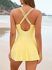 preiswerte Schwimmresse-Damen Badeanzug Einteiler Badeanzugkleid Bademode Bauchkontrolle Hohe Taille Schlank Rückenfrei Urlaub Vintage Einfarbig V Ausschnitt Ärmellos Badeanzüge